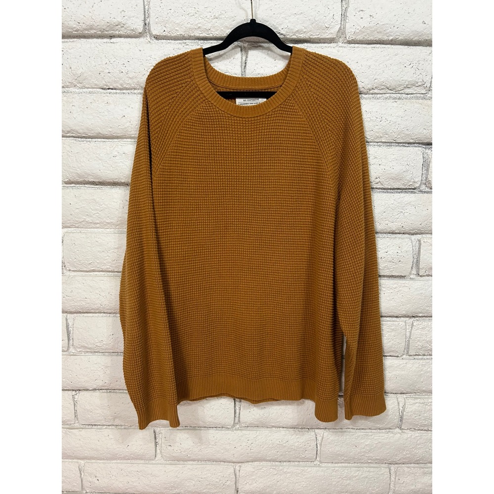 REI Co-op Mens XL Waffle Knit Crew Neck Sweater Mustard Yellow Raglan Pullover